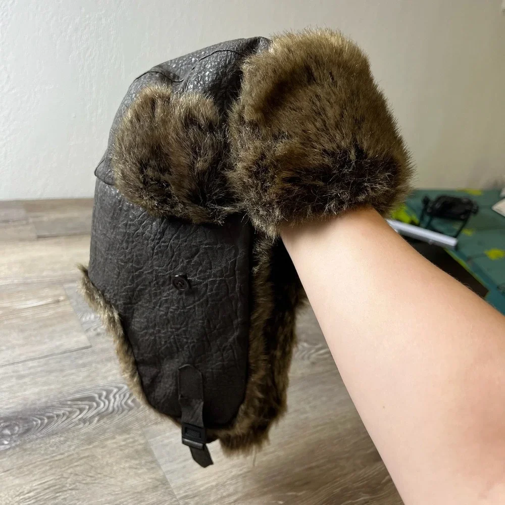 Y2k Trapper Hat Unisex OS Brown Faux Leather Fur Aviator Bomber Cap A045